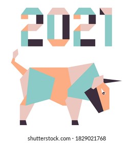 Happy new year Vector illustration with origami 2021 year numbers and bull. Bull annual animal zodiac sign, symbol of 2021 on the Chinese calendar. Year of the ox. Chinese horoscope. Design for print