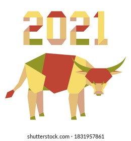 Happy new year Vector illustration with origami 2021 year numbers and bull. Bull annual animal zodiac sign, symbol of 2021 on the Chinese calendar. Year of the ox. Chinese horoscope. Design for print