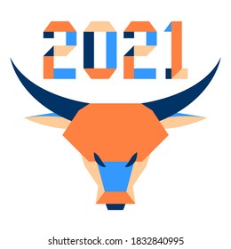 Happy new year Vector illustration with origami 2021 year numbers and bull. Bull annual animal zodiac sign, symbol of 2021 on the Chinese calendar. Year of the ox. Chinese horoscope. Design for print