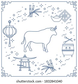 Feliz Año Nuevo: Buzón ilustrativo, bambú, linterna china, tambor, campana, lingote. Tradiciones de vacaciones, símbolos celebración de Año Nuevo chino. Signo Bull zodiac, símbolo del año 2021. Horoscopio Calendario