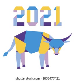 Happy new year Vector illustration with origami 2021 year numbers and bull. Bull annual animal zodiac sign, symbol of 2021 on the Chinese calendar. Year of the ox. Chinese horoscope. Design for print