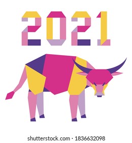 Happy new year Vector illustration with origami 2021 year numbers and bull. Bull annual animal zodiac sign, symbol of 2021 on the Chinese calendar. Year of the ox. Chinese horoscope. Design for print