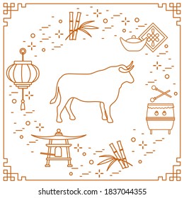 Happy New Year Vector illustration ox, bamboo, Chinese lantern, drum, bell, ingot. Holiday traditions, symbols Chinese New Year celebration. Bull zodiac sign, symbol of 2021 year. Horoscope  Calendar