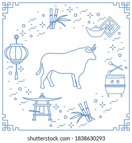 Happy New Year Vector illustration ox, bamboo, Chinese lantern, drum, bell, ingot. Holiday traditions, symbols Chinese New Year celebration. Bull zodiac sign, symbol of 2021 year. Horoscope  Calendar