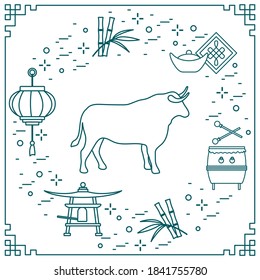 Happy New Year Vector illustration ox, bamboo, Chinese lantern, drum, bell, ingot. Holiday traditions, symbols Chinese New Year celebration. Bull zodiac sign, symbol of 2021 year. Horoscope  Calendar