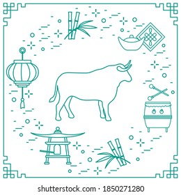 Happy New Year Vector illustration ox, bamboo, Chinese lantern, drum, bell, ingot. Holiday traditions, symbols Chinese New Year celebration. Bull zodiac sign, symbol of 2021 year. Horoscope  Calendar