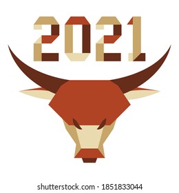 Happy new year Vector illustration with origami 2021 year numbers and bull. Bull annual animal zodiac sign, symbol of 2021 on the Chinese calendar. Year of the ox. Chinese horoscope. Design for print