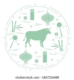 Happy New Year Vector ilustración ox, bambú, linterna china, moneda de suerte, sobre, tambor de ganado. Tradiciones de vacaciones, símbolos celebración de Año Nuevo chino. Signo de zodiaco toro, símbolo del año 2021