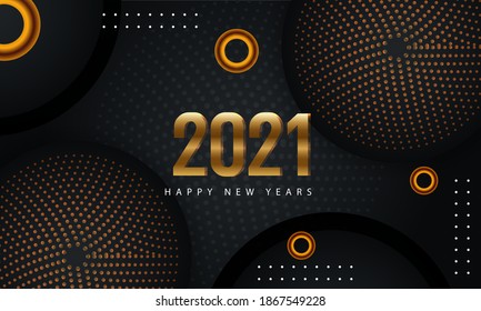 Fröhliche Neujahrsvektorgrafik der goldenen 2021-Zahl und glitzerndes Halbtonmuster.
