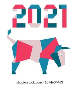 Happy new year Vector illustration with origami 2021 year numbers and bull. Bull annual animal zodiac sign, symbol of 2021 on the Chinese calendar. Year of the ox. Chinese horoscope. Design for print