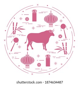 Happy New Year Vector illustration ox, bamboo, Chinese lantern, coin for luck, envelope, rattle drum. Holiday traditions, symbols Chinese New Year celebration. Bull zodiac sign, symbol of 2021 year