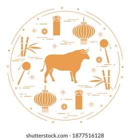 Happy New Year Vector illustration ox, bamboo, Chinese lantern, coin for luck, envelope, rattle drum. Holiday traditions, symbols Chinese New Year celebration. Bull zodiac sign, symbol of 2021 year