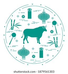 Happy New Year Vector illustration ox, bamboo, Chinese lantern, coin for luck, envelope, rattle drum. Holiday traditions, symbols Chinese New Year celebration. Bull zodiac sign, symbol of 2021 year