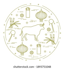 Happy New Year Vector illustration ox, bamboo, Chinese lantern, coin for luck, envelope, rattle drum. Holiday traditions, symbols Chinese New Year celebration. Bull zodiac sign, symbol of 2021 year