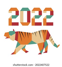 Happy new year Vector illustration with origami 2022 year numbers Tiger Annual animal zodiac sign, symbol of 2022 on the Chinese calendar. Year of the tiger. Chinese horoscope Festive Design for print