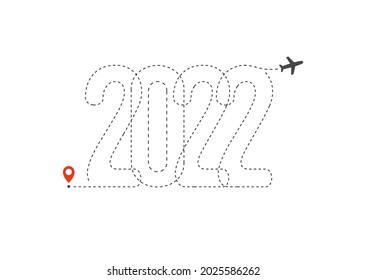 Happy New Year vector Illustration 2022 year. Aircraft path direction of 20 20 numbers, destination and departure item graphic for ticket, poster, calendar and invitation. Air travel holiday rest