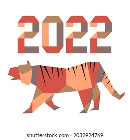 Happy new year Vector illustration with origami 2022 year numbers Tiger Annual animal zodiac sign, symbol of 2022 on the Chinese calendar. Year of the tiger. Chinese horoscope Festive Design for print
