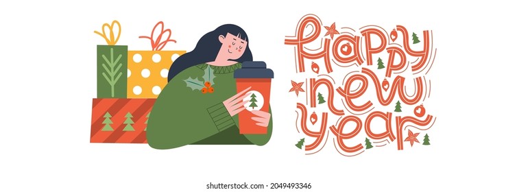 Happy new Year. Vector illustration, greeting banner template, poster.