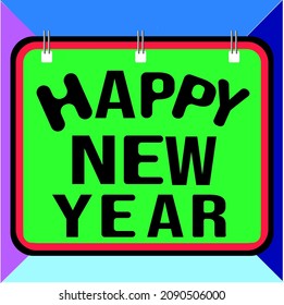 Happy New Year vector illustration, written in english, colored, in notepad format. 