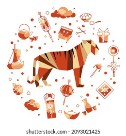 Happy new year Vector illustration Origami Tiger Annual animal zodiac sign Symbol of 2022 Chinese calendar Horoscope Festive China Tradition Holiday Asian Chinatown Celebrate Asia Lantern Feng shui