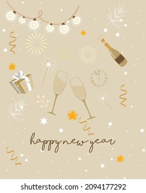 Feliz Año Nuevo. Concepto de ilustración vectorial para fondo, tarjeta de saludo, banner de sitio web y móvil, tarjeta de invitación de partido, banner de medios sociales, material de marketing.