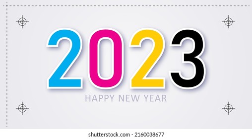 Happy New Year vector illustration. CMYK color model letter. Prepress proofing concept. Provider of printer ink and toner, letterpress printers. Keep printing! 2023 new year. Christmas, New year