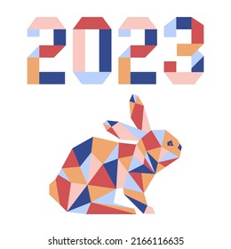 Happy new year Vector illustration with origami 2023 year numbers Bunny Annual animal zodiac sign Symbol of 2023 on the Chinese calendar. Year of the rabbit. Chinese horoscope Festive Design for print