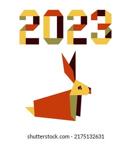 Happy new year Vector illustration with origami 2023 year numbers Bunny Annual animal zodiac sign Symbol of 2023 on the Chinese calendar. Year of the rabbit. Chinese horoscope Festive Design for print