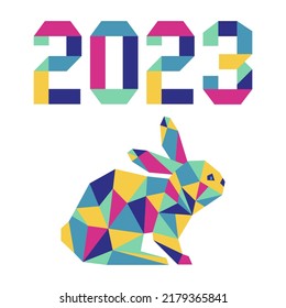 Happy new year Vector illustration with origami 2023 year numbers Bunny Annual animal zodiac sign Symbol of 2023 on the Chinese calendar. Year of the rabbit. Chinese horoscope Festive Design for print