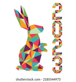 Feliz año nuevo Ilustración vectorial con números estilo mosaico 2023 años Símbolo del signo de zodiaco animal Anual Bunny de 2023 en el calendario chino. Año del conejo. Diseño festivo del horóscopo chino