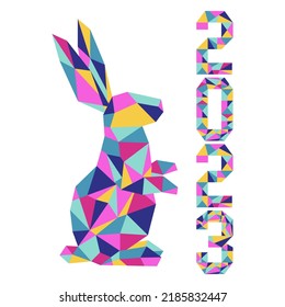 Happy new year Vector illustration with mosaic-style 2023 year numbers Bunny Annual animal zodiac sign Symbol of 2023 on the Chinese calendar. Year of the rabbit. Chinese horoscope Festive Design