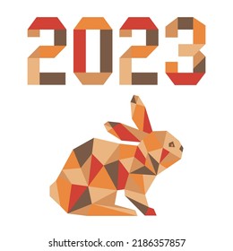 Feliz año nuevo Ilustración vectorial con números de origami 2023 años Símbolo de signo de zodiaco animal Bunny anual de 2023 en el calendario chino. Año del conejo. Diseño festivo del horóscopo chino para impresión