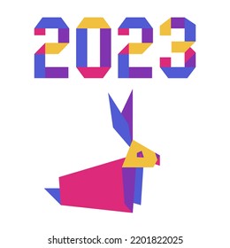 Happy new year Vector illustration with origami 2023 year numbers Bunny Annual animal zodiac sign Symbol of 2023 on the Chinese calendar. Year of the rabbit. Chinese horoscope Festive Design for print