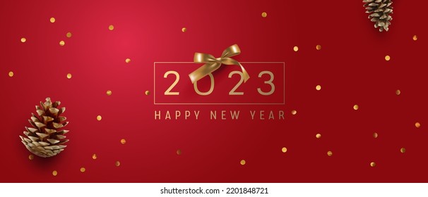 Feliz año nuevo ilustración vectorial, fondo. Elegante pancarta navideña con elementos realistas 3d sobre rojo. Plantilla de invitación de la tarjeta de felicitación o de la fiesta