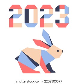 Happy new year Vector illustration with origami 2023 year numbers Bunny Annual animal zodiac sign Symbol of 2023 on the Chinese calendar. Year of the rabbit. Chinese horoscope Festive Design for print