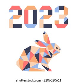 Happy new year Vector illustration with origami 2023 year numbers Bunny Annual animal zodiac sign Symbol of 2023 on the Chinese calendar. Year of the rabbit. Chinese horoscope Festive Design for print