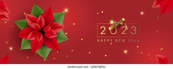 Happy new year vector illustration, background. Elegant Christmas banner with realistic 3d elements on red. Greeting card or party invitation template