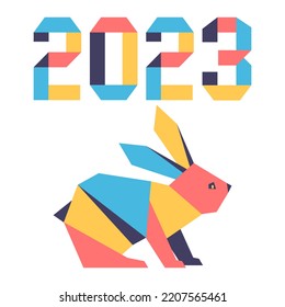 Happy new year Vector illustration with origami 2023 year numbers Bunny Annual animal zodiac sign Symbol of 2023 on the Chinese calendar. Year of the rabbit. Chinese horoscope Festive Design for print