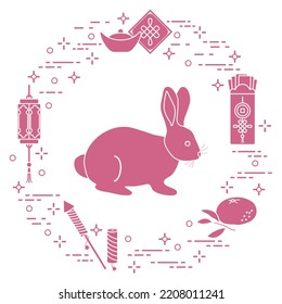 Happy new year. Vector illustration with rabbit, chinese lantern, tangerine, envelope, fireworks, ingot. Holiday traditions, symbols Chinese New Year celebration. Zodiac sign, symbol of 2023 year