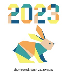 Happy new year Vector illustration with origami 2023 year numbers Bunny Annual animal zodiac sign Symbol of 2023 on the Chinese calendar. Year of the rabbit. Chinese horoscope Festive Design for print