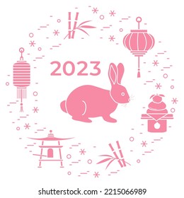 Happy new year Vector illustration Rabbit Chinese lantern Buddhist Bell Traditional food. Holiday traditions Chinese New Year celebration. Zodiac sign, symbol of 2023 year. Chinatown Festival Asia