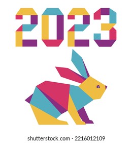 Happy new year Vector illustration with origami 2023 year numbers Bunny Annual animal zodiac sign Symbol of 2023 on the Chinese calendar. Year of the rabbit. Chinese horoscope Festive Design for print