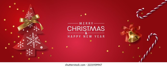 Happy new year vector illustration, background. Elegant Christmas banner with realistic 3d golden elements on red. Greeting card or party invitation template with decorative symbols