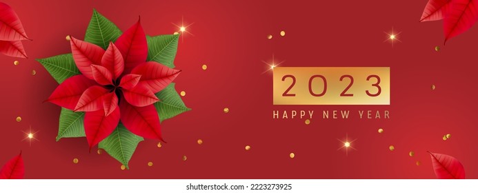 Feliz año nuevo ilustración vectorial, fondo. Elegante pancarta navideña con elementos realistas 3d sobre rojo. Plantilla de invitación de la tarjeta de felicitación o de la fiesta