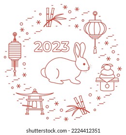 Happy new year Vector illustration Rabbit Chinese lantern Buddhist Bell Traditional food. Holiday traditions Chinese New Year celebration. Zodiac sign, symbol of 2023 year. Chinatown Festival Asia