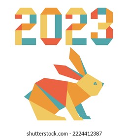Happy new year Vector illustration with origami 2023 year numbers Bunny Annual animal zodiac sign Symbol of 2023 on the Chinese calendar. Year of the rabbit. Chinese horoscope Festive Design for print