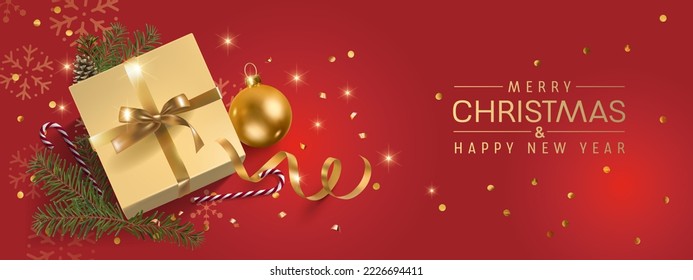 Happy new year vector illustration, background. Elegant Christmas banner with realistic 3d golden elements on red. Greeting card or party invitation template with decorative symbols