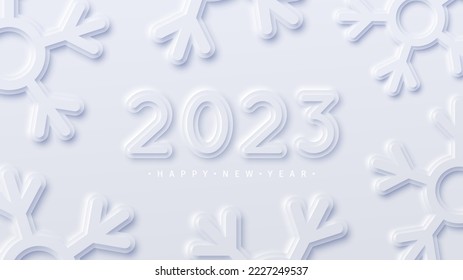 Happy New Year vector illustration. 2023 number realistic design on light background. Large abstract snowflakes around.