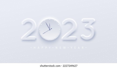 Happy New Year vector illustration with clock. 2023 number realistic design on light background. Little abstract snowflakes around.