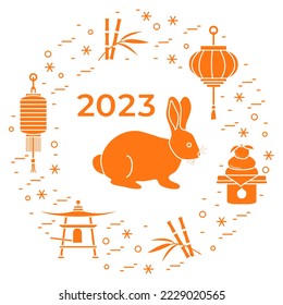 Feliz año nuevo. Ilustración vectorial Rabbit Chino Tradicional de la Campana Budista de Chinos. Tradiciones de vacaciones celebración del Año Nuevo chino. Signo zodiaco, símbolo del año 2023. Festival de Chinatown Asia